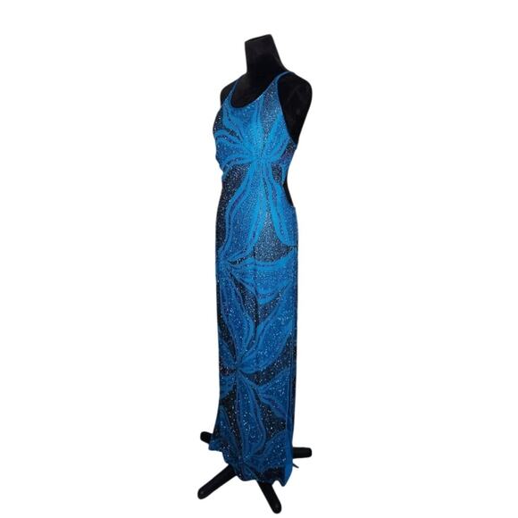Cache Vintage Beaded Silk Blue Open Back Gown Maxi Dress High Slits Size Large - Picture 2 of 13